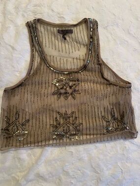 Buffalo David Bitton Beige Sequin Embellished Mesh Tank